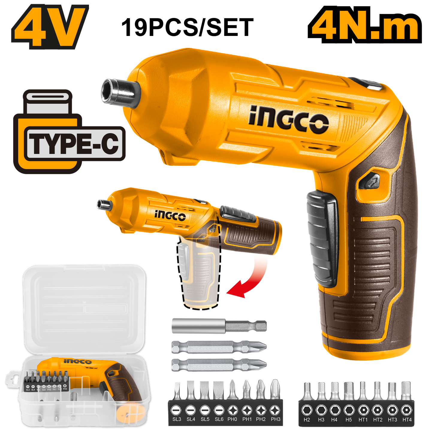 Atornillador Ion Litio 4V Cargador + 18 Accesorios INGCO CSDLI0442 - MARKEMSTORE
