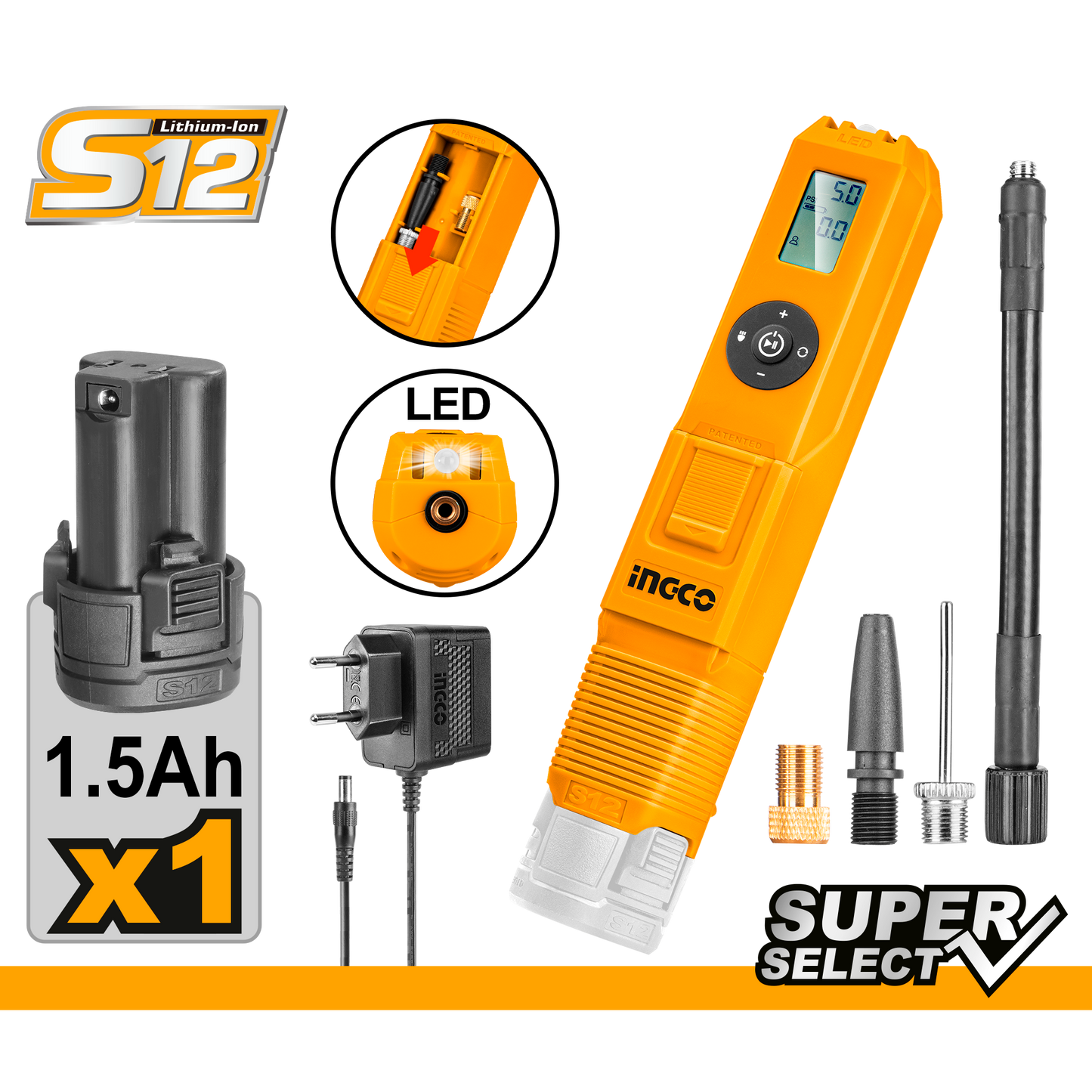 Compresor Automotriz Ion Litio 12V 160Psi - 3 Adaptadores 1 Bateria 1.5Ah 1 Cargador Ingco UCACLI12011 - MARKEMSTORE