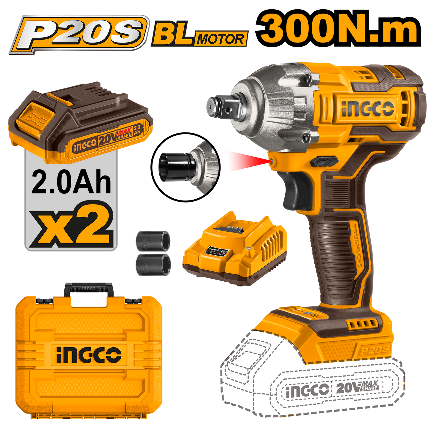 Llave De Impacto Inalambrico Ion Litio 20V M1/2 Con 2 Baterias Y Cargador INGCO UCIWLI2038 - MARKEMSTORE