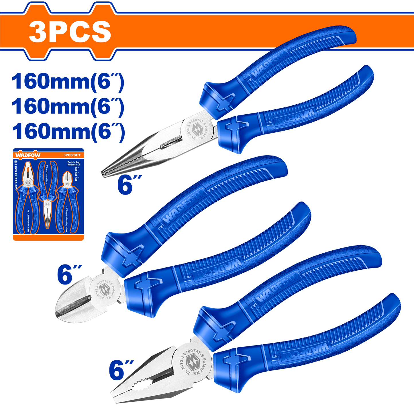 Juego 3 Alicates 6" Pulidos Mango Azul WADFOW WPS0623