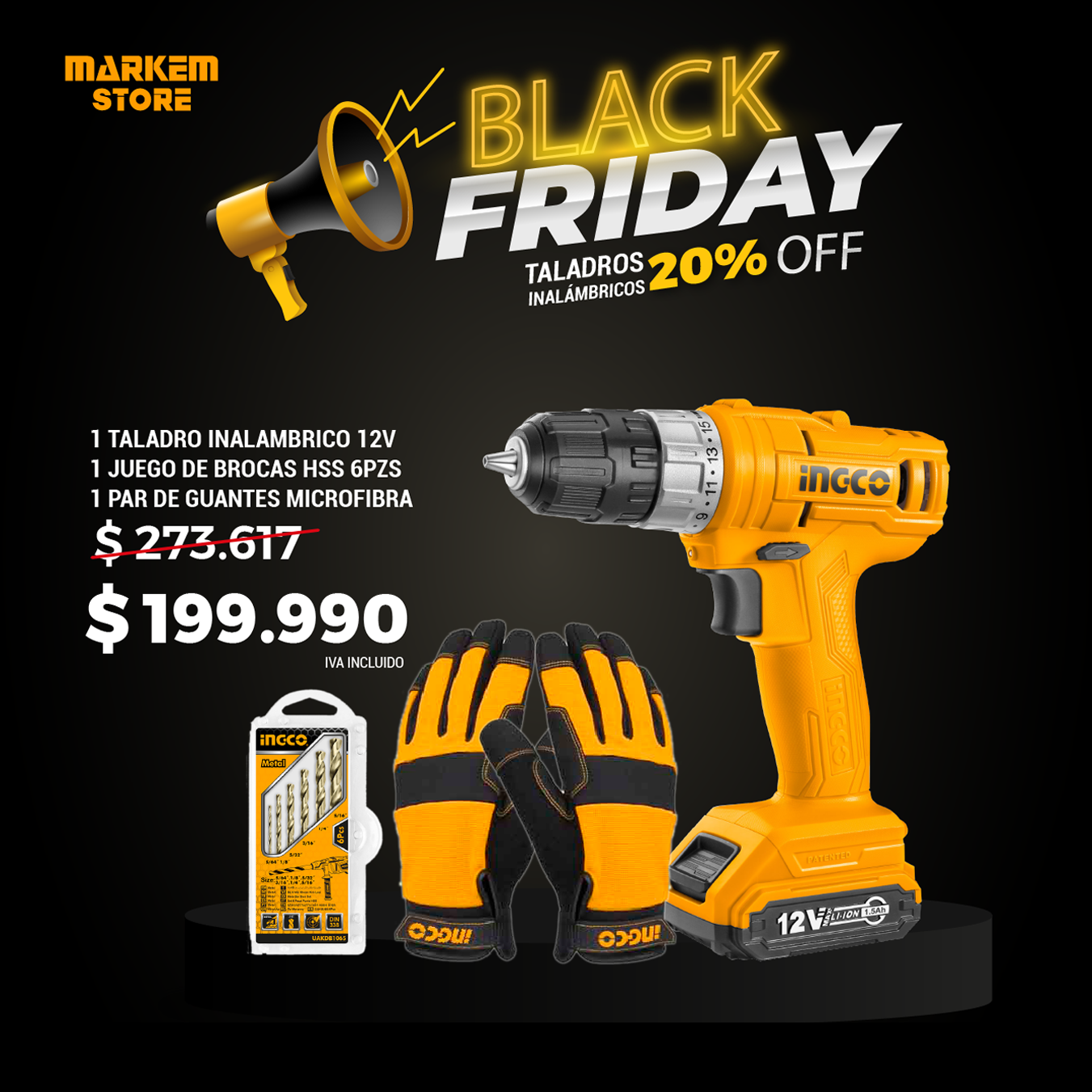 Combo Black Friday: Taladro 12v-Juego de brocas-Guantes - MARKEMSTORE