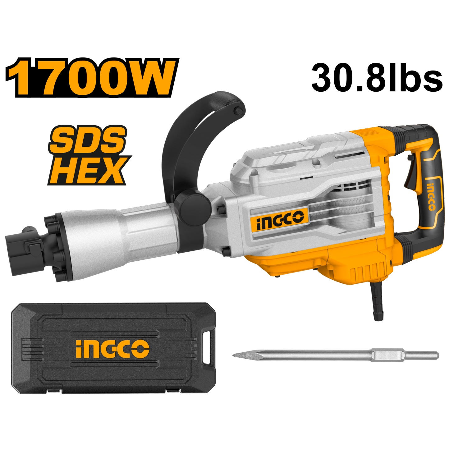 Demoledor 110/120V 1700W 1900Bmp 45J Con 1 Cinceles Ingco UPDB17026 - MARKEMSTORE
