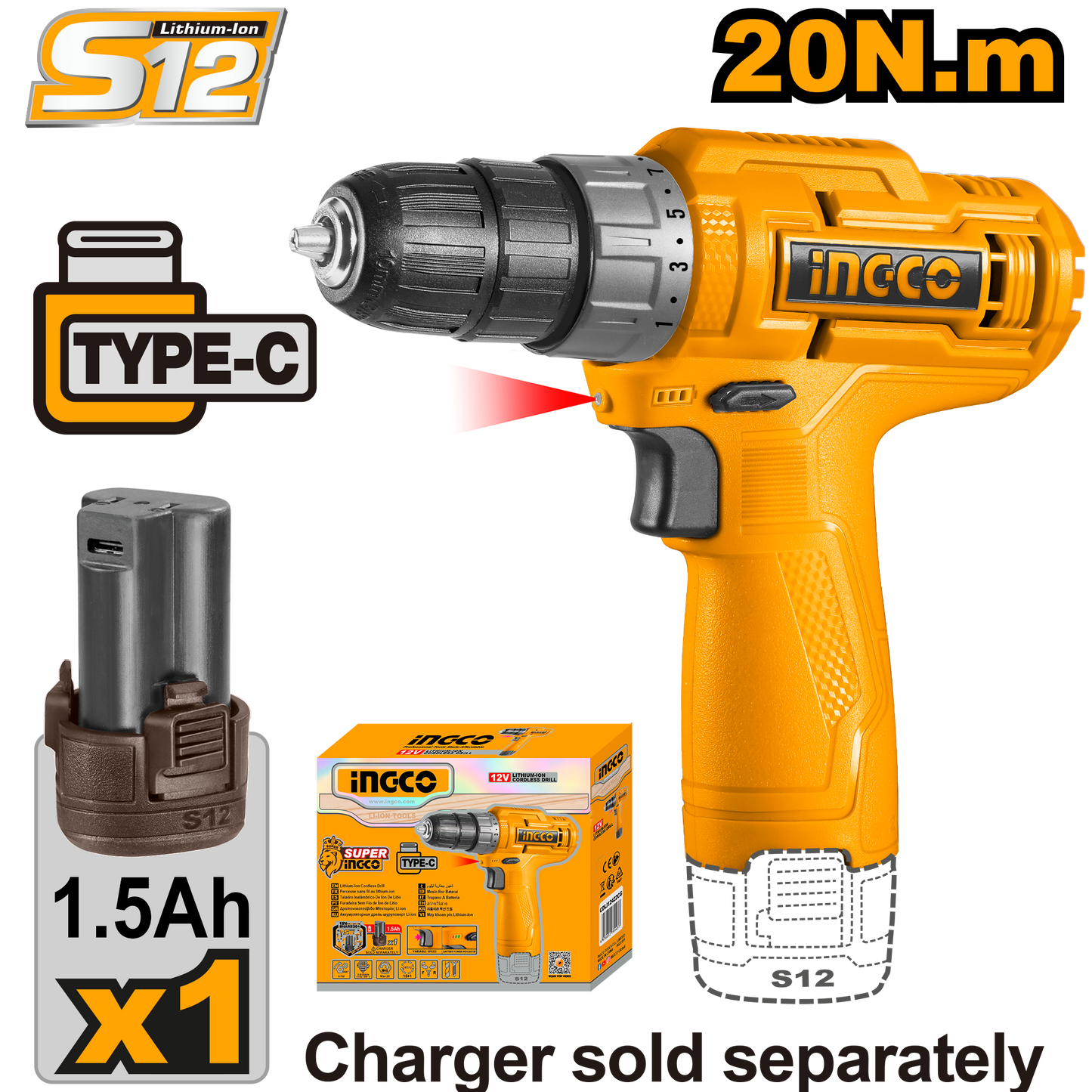 Taladro M3/8" 12V 20Nm Rotación con 1 Batería INGCO CDLI12428 - MARKEMSTORE