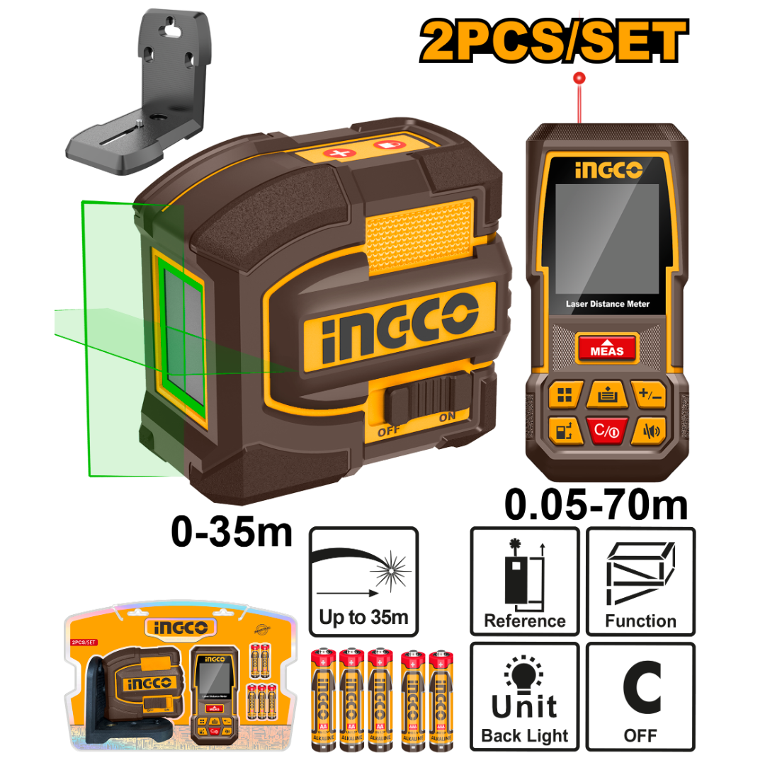 Set Medición Nivel Láser Verde 35Mts (Hll156601) + Medidor De Distancia 70Mts (Hldd0708) INGCO COSLL0401 - MARKEMSTORE