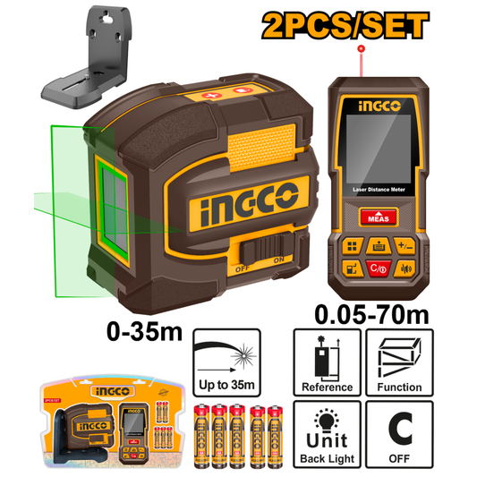Set Medición Nivel Láser Verde 35Mts (Hll156601) + Medidor De Distancia 70Mts (Hldd0708) INGCO COSLL0401 - MARKEMSTORE