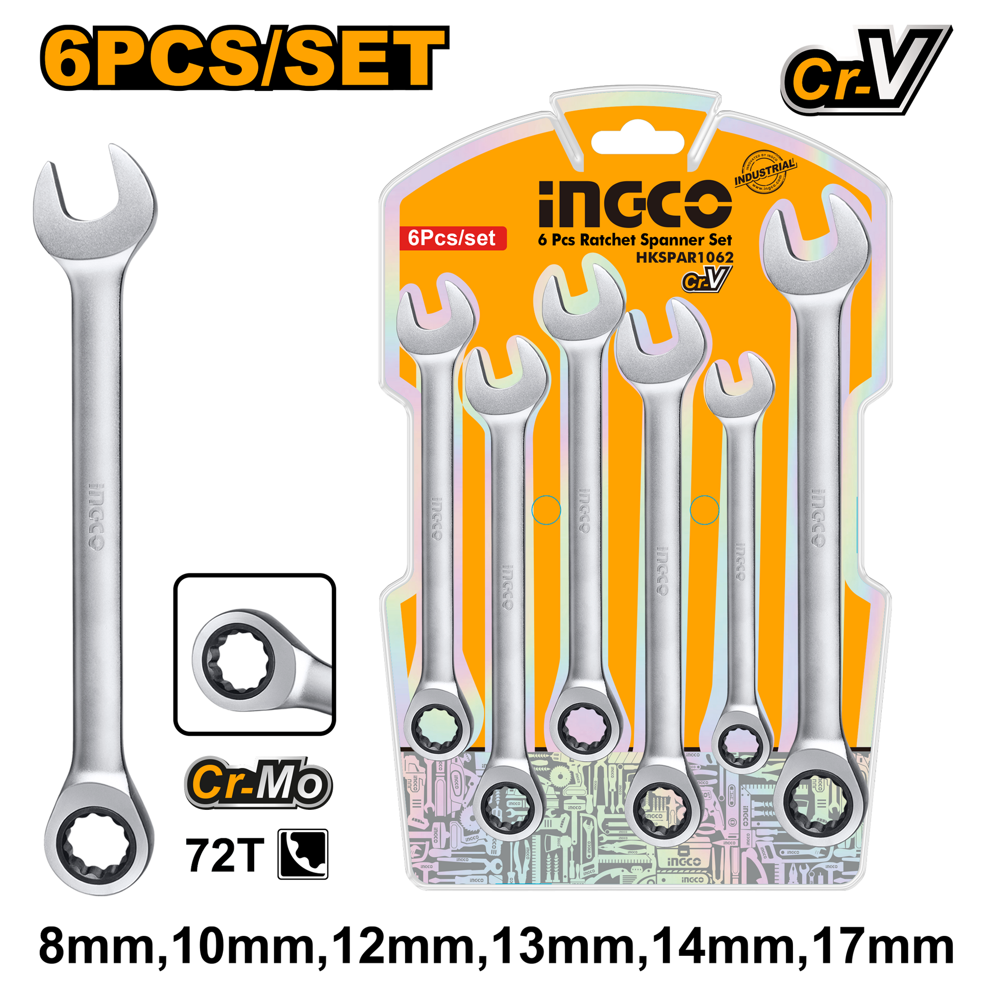 Set Llave Combinada Rachet 6Pcs INGCO HKSPAR1062 - MARKEMSTORE