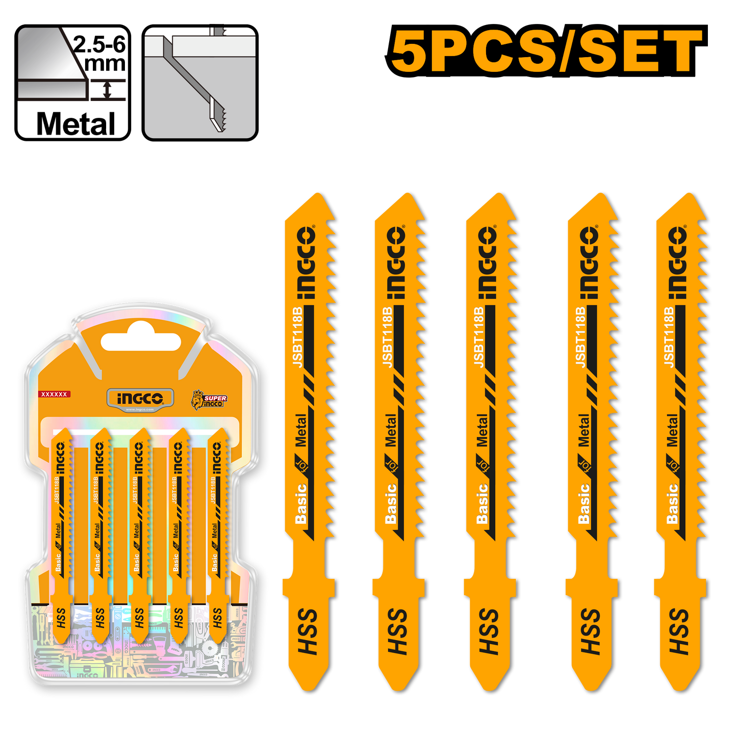 Set de Hojas Para Sierra Caladora Metal 5 Piezas INGCO JSBT118B - MARKEMSTORE