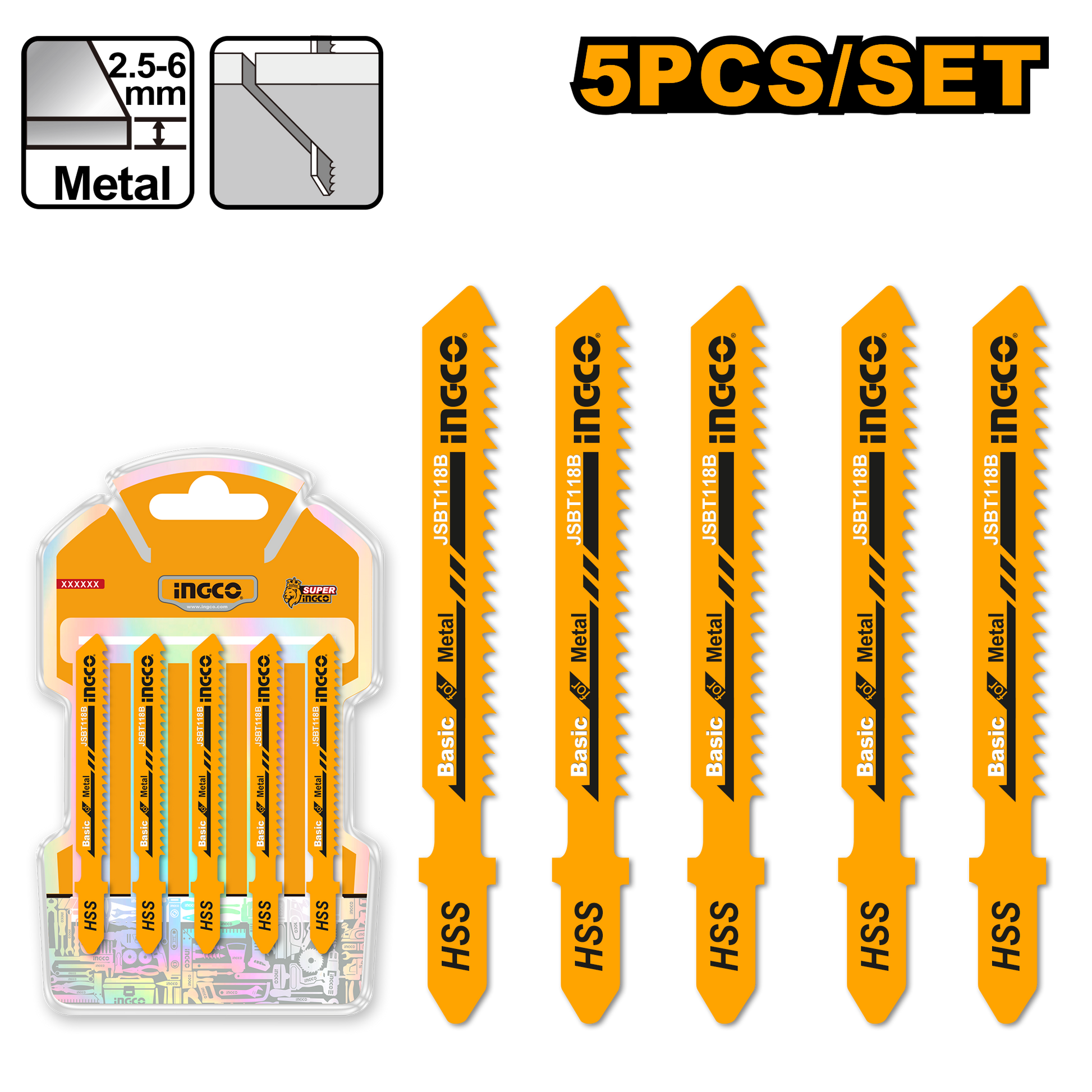 Set de Hojas Para Sierra Caladora Metal 5 Piezas INGCO JSBT118B - MARKEMSTORE