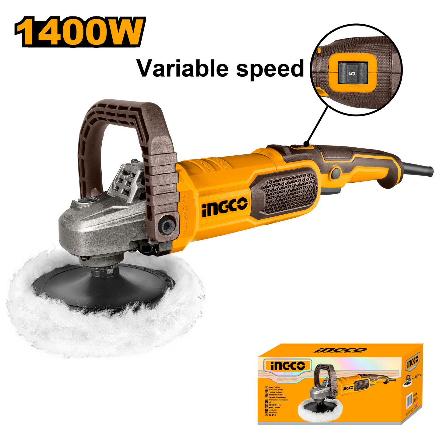 Polichadora 7" 1400W 1500-3800Rpm Con Pad y Bonete INGCO UAP140016 - MARKEMSTORE