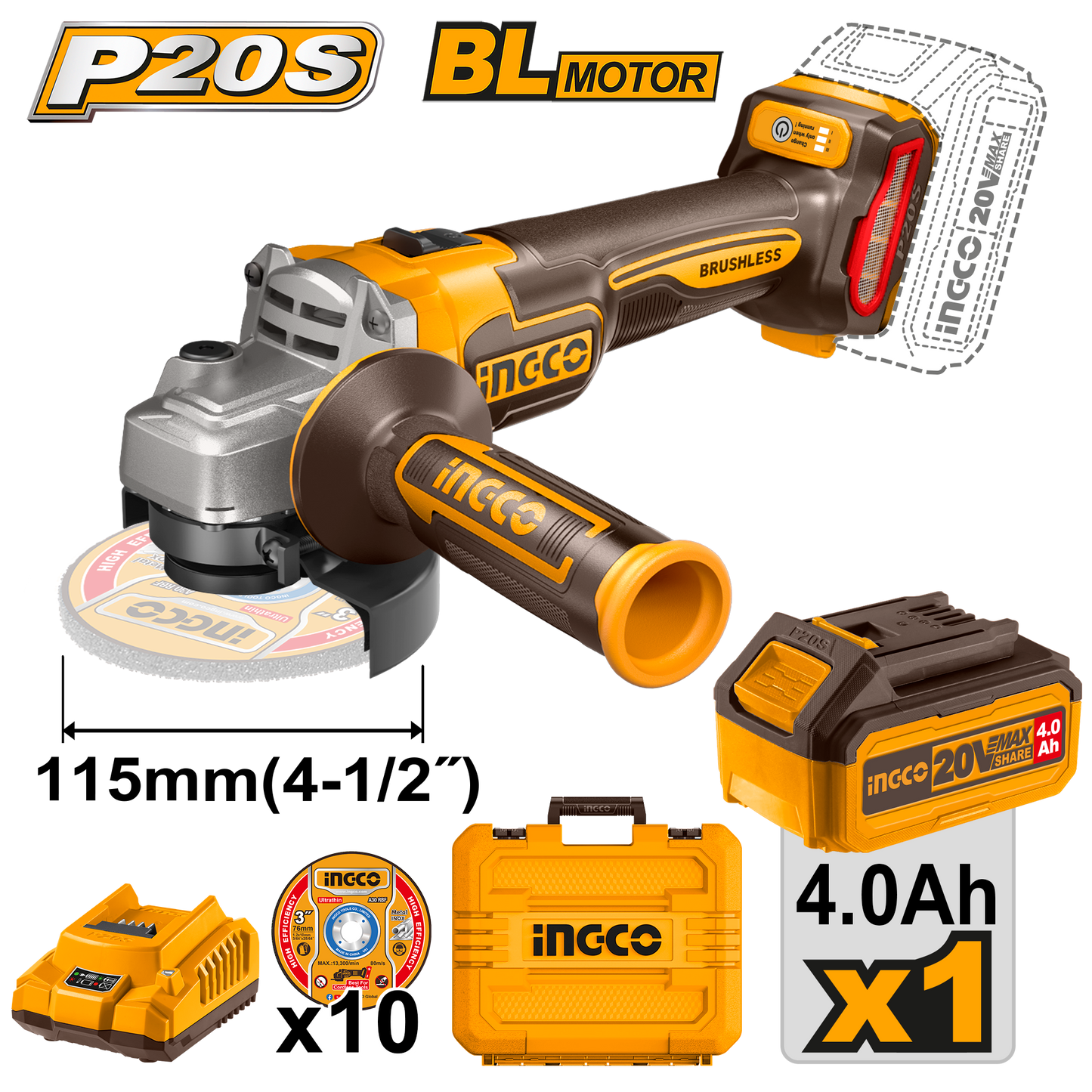 Pulidora 20V 4-1/2 Brushless 10 Discos 1 Bateria 4Ah INGCO UCAGLI211541