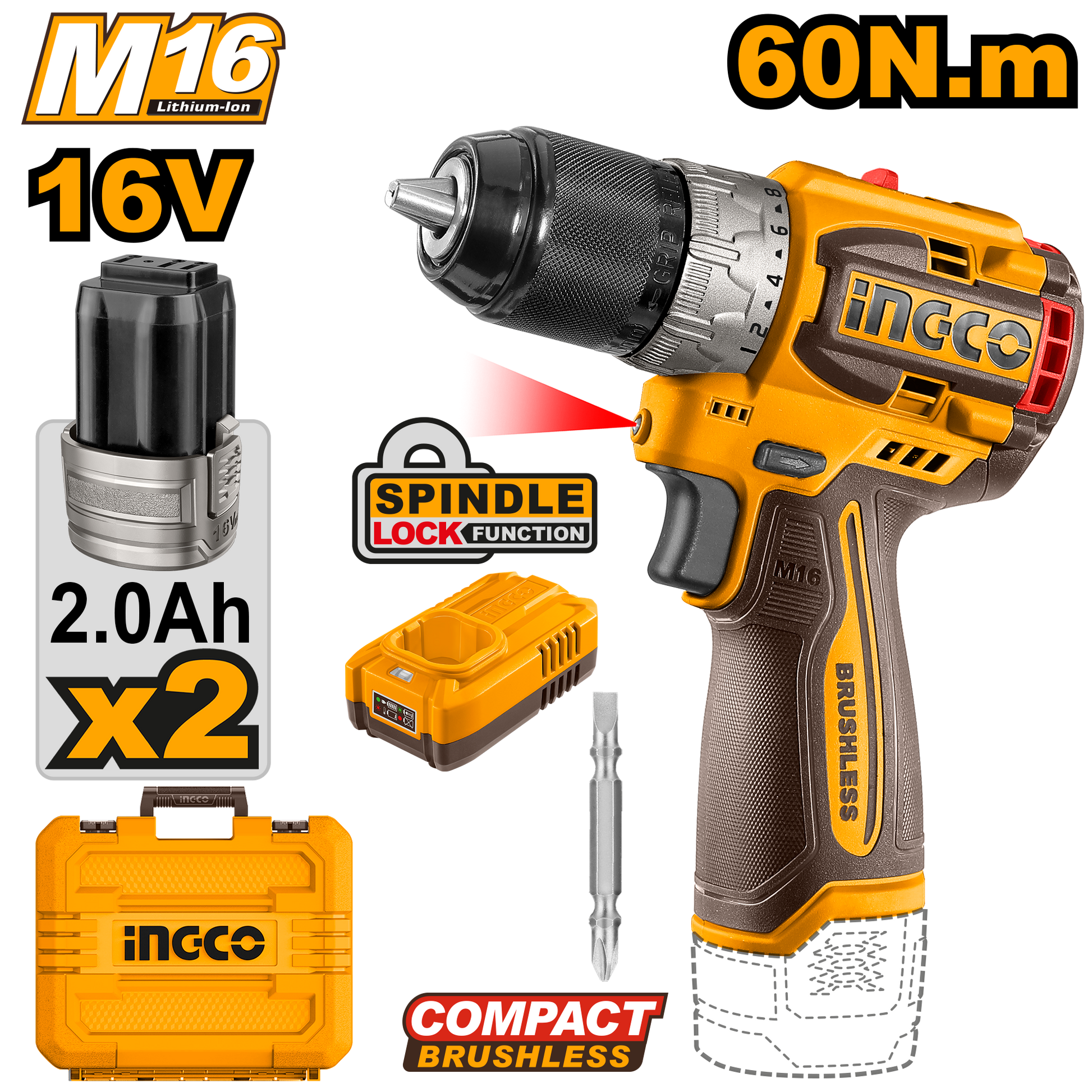 Taladro M1/2 16V 60Nm Rotacion 2 Baterias Y Cargador INGCO UCDLI16682 - MARKEMSTORE