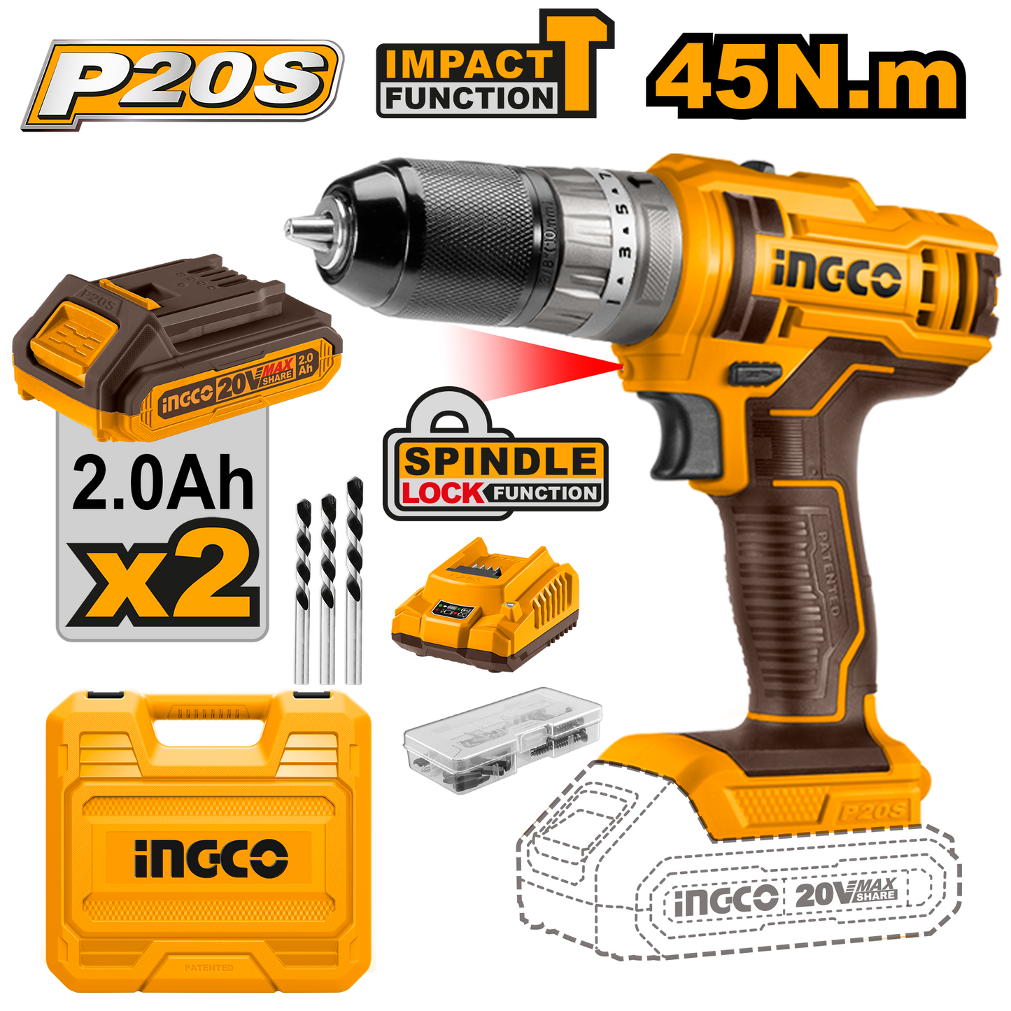 Taladro M3/8 20V 45NM Impacto 2 Baterias y Cargador Ingco UCIDLI201452 - MARKEMSTORE