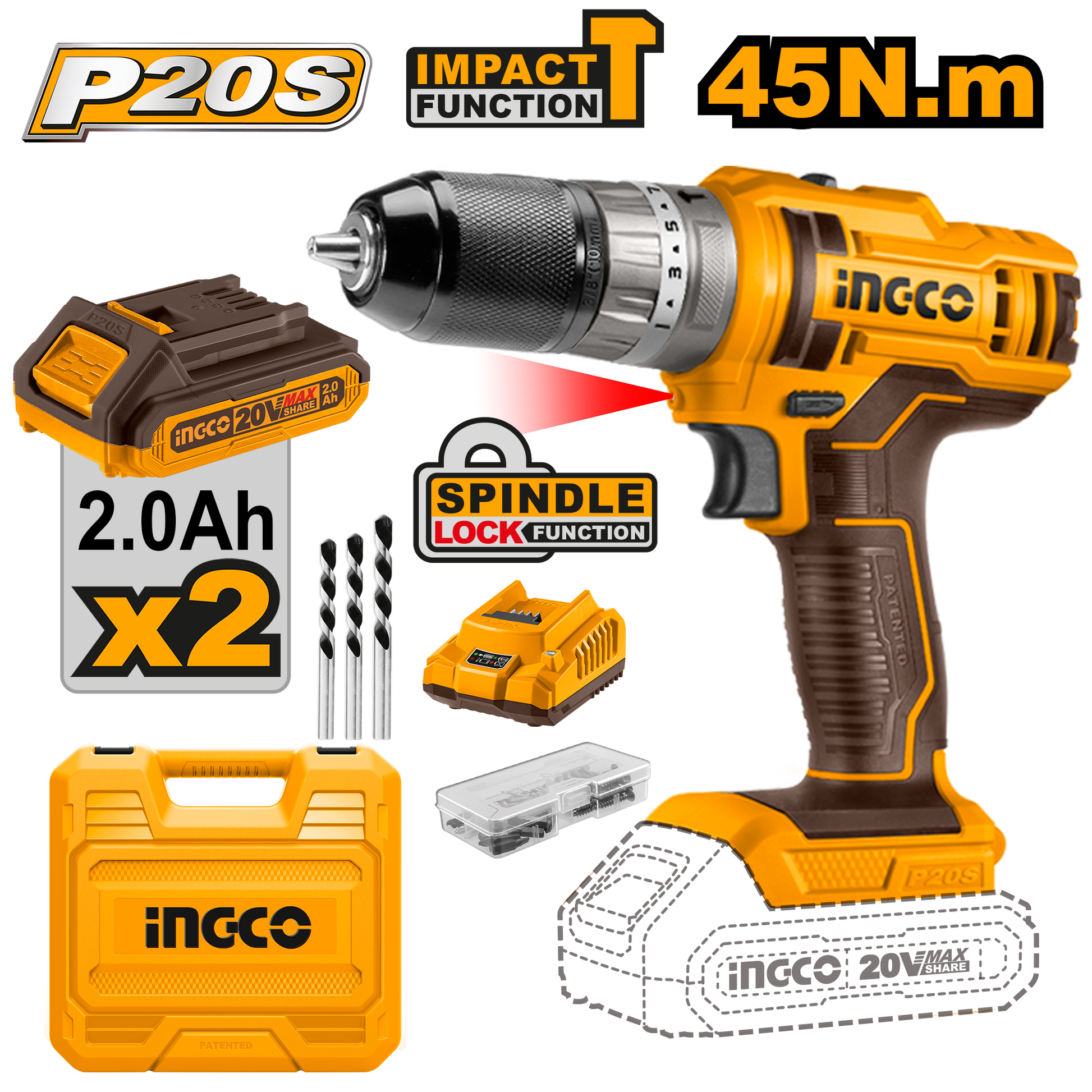 Taladro M3/8 20V 45NM Impacto 2 Baterias y Cargador Ingco UCIDLI201452 - MARKEMSTORE