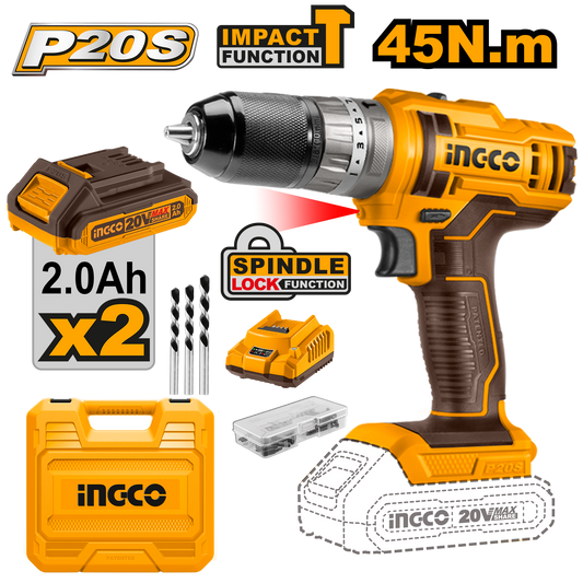 Taladro M3/8 20V 45NM Impacto 2 Baterias y Cargador Ingco UCIDLI201452 - MARKEMSTORE
