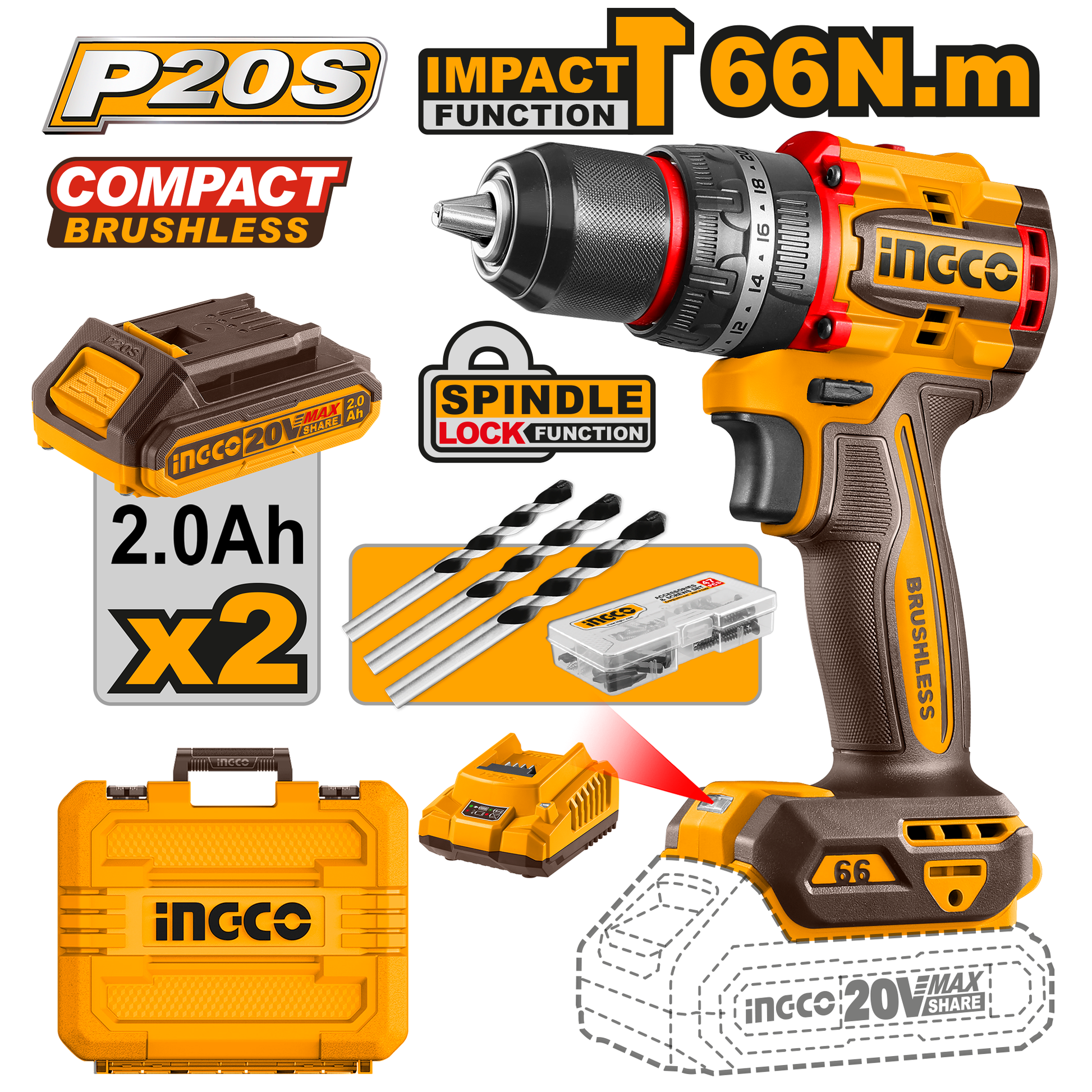 Taladro M1/2 20V 66Nm Impacto INGCO UCIDLI20668 - MARKEMSTORE