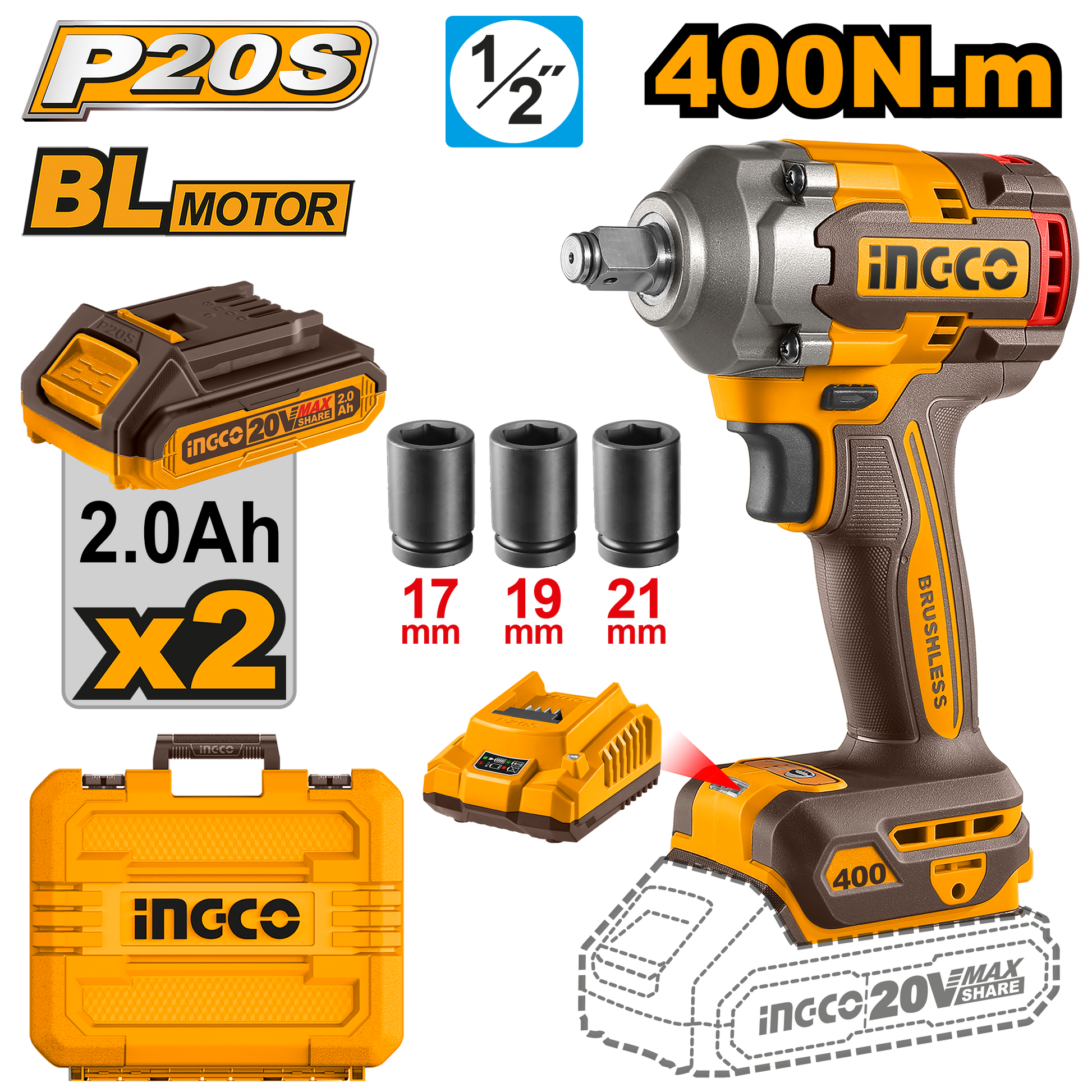 Llave De Impacto 20V M1/2 400Nm Brushless INGCO UCIWLI2040 - MARKEMSTORE