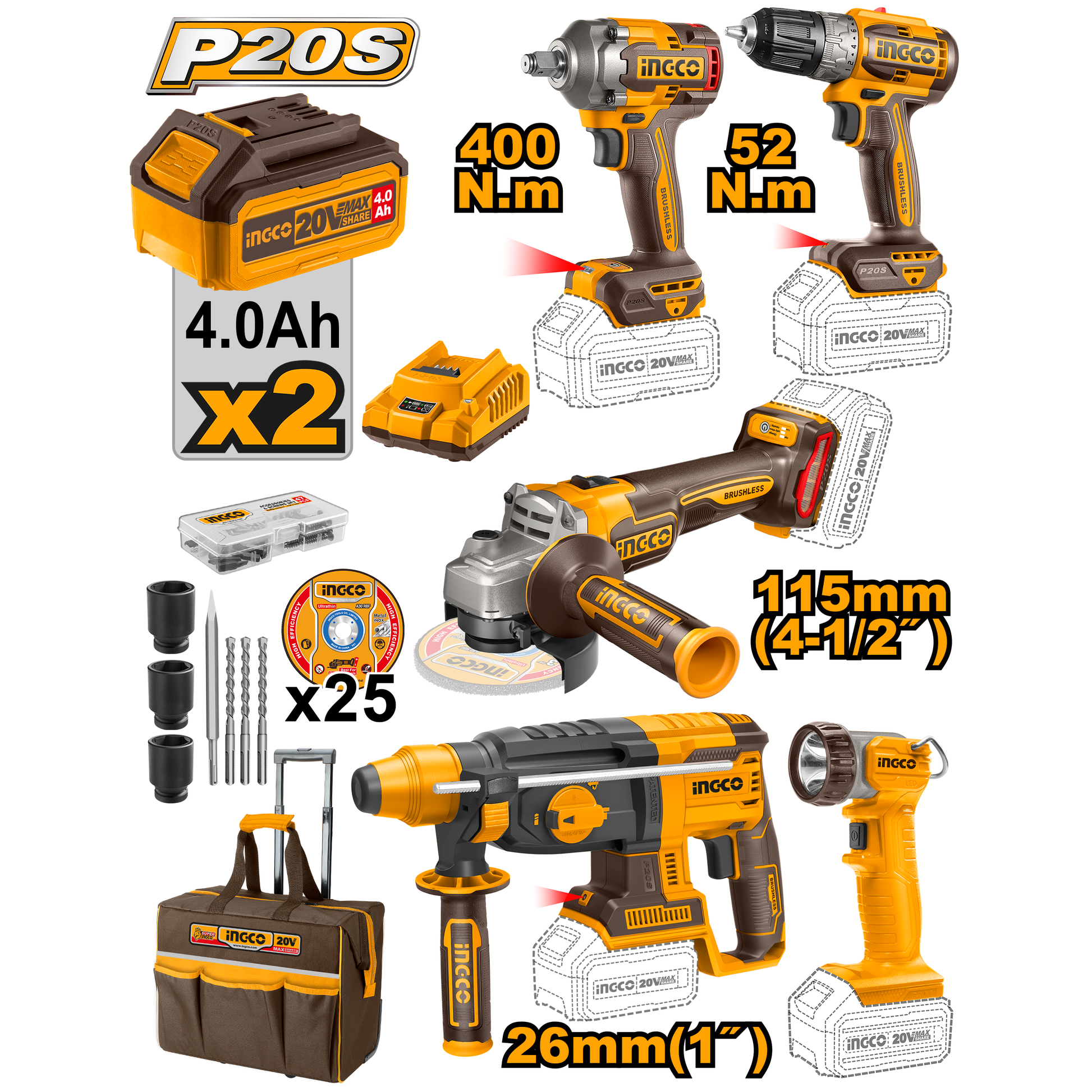 Combo Herramientas Inalámbricas y Accesorios INGCO UCKLI2058 - MARKEMSTORE