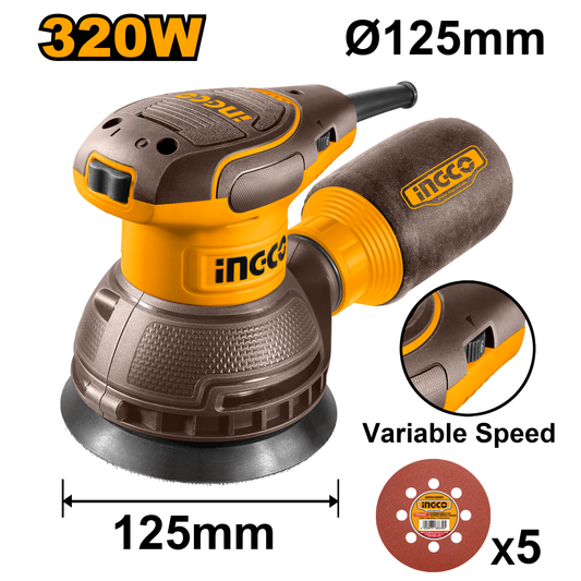 Lijadora Rotorbital 320W 8000-13000  Con 5 Pliegos De Lija INGCO URS3216 - MARKEMSTORE