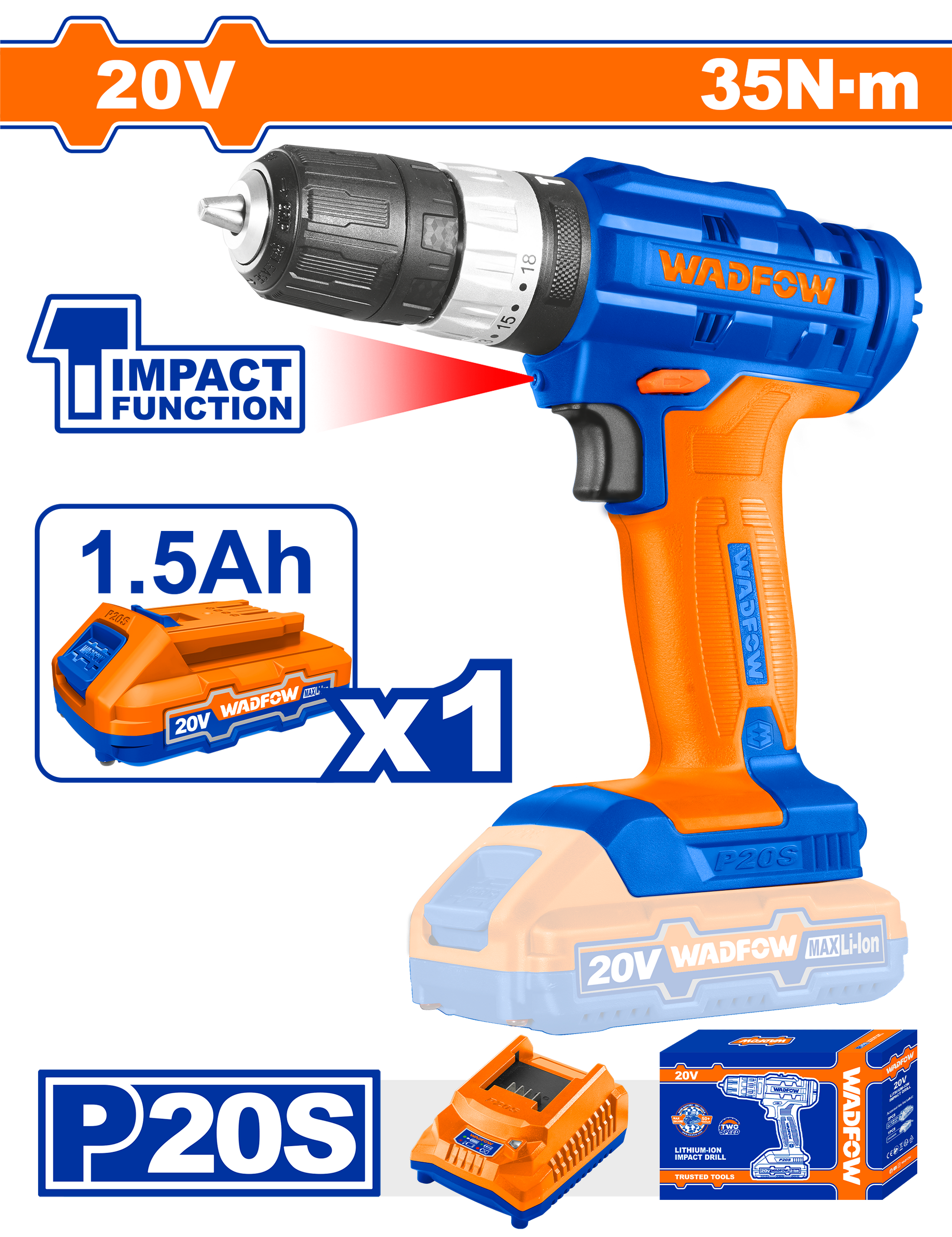 Taladro Impacto Inalambrico 20V 1/32-3/8 Inc Batería y Cargador WADFOW UWCDP521 - MARKEMSTORE