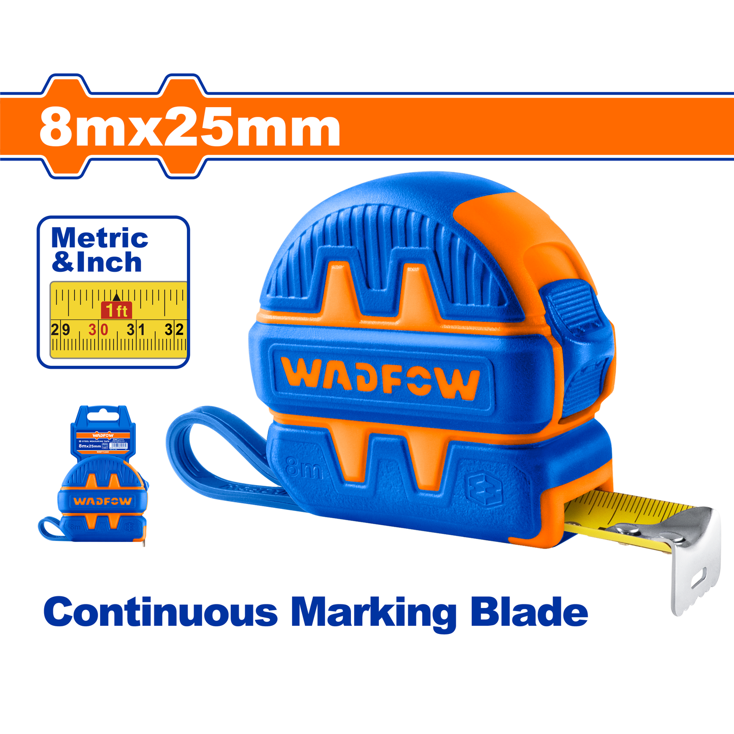 Flexómetro 8Mx25Mm 1 Botón Mts/Pulg WADFOW WMT1240 - MARKEMSTORE