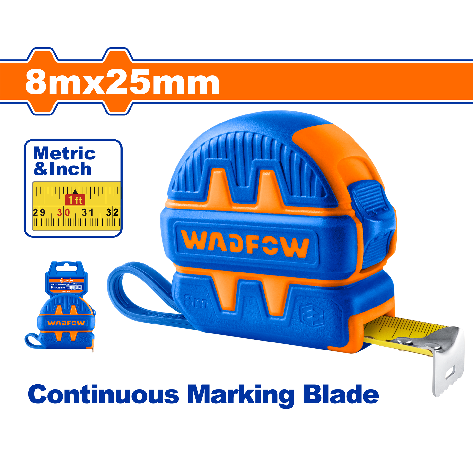 Flexómetro 8Mx25Mm 1 Botón Mts/Pulg WADFOW WMT1240 - MARKEMSTORE