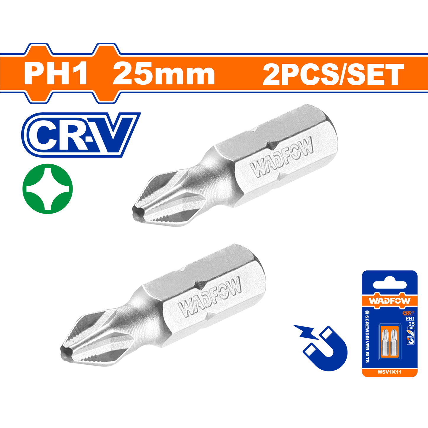 Juego 2 Puntas Destornillador Ph1X25Mm Crv WADFOW WSV1K11