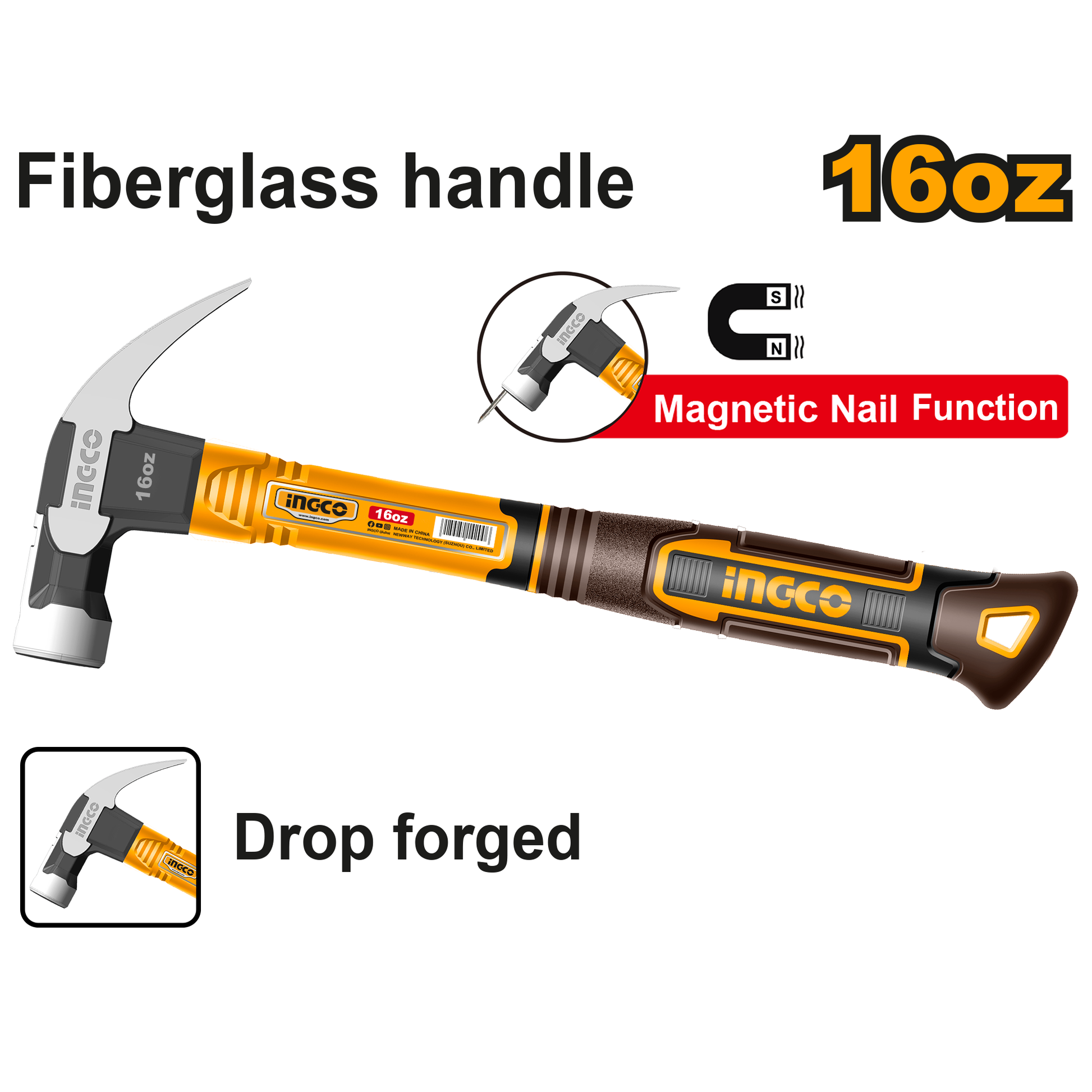 Martillo De Uña 16Oz Magnetico Mango Fibra De Vidrio Hch81016 - MARKEMSTORE