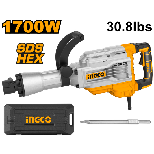 Demoledor 110/120V 1700W 1900Bmp 45J Con 1 Cinceles Ingco UPDB17026 - MARKEMSTORE
